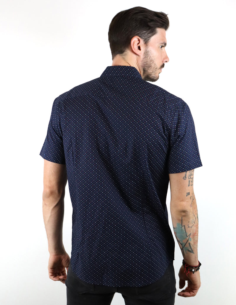 CAMISA MANGA CORTA AZUL ESTAMPADA 100% ALGODÓN REF 2213041