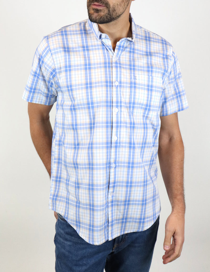 CAMISA MANGA CORTA AZUL CUADROS 100% ALGODÓN REF 2301022 E