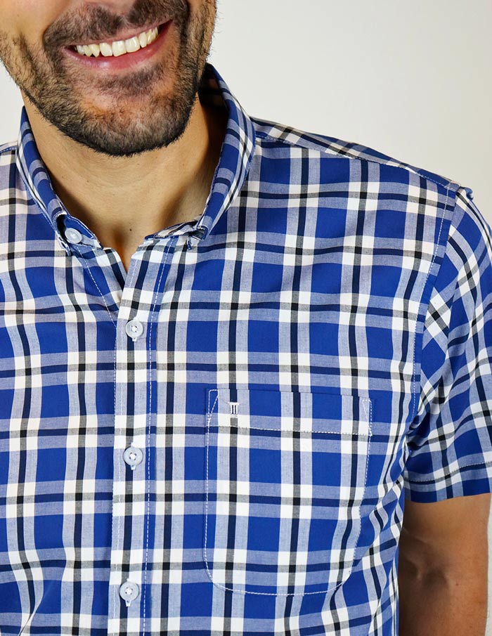 CAMISA MANGA CORTA AZUL CUADROS 100% ALGODON TALLA REGULAR