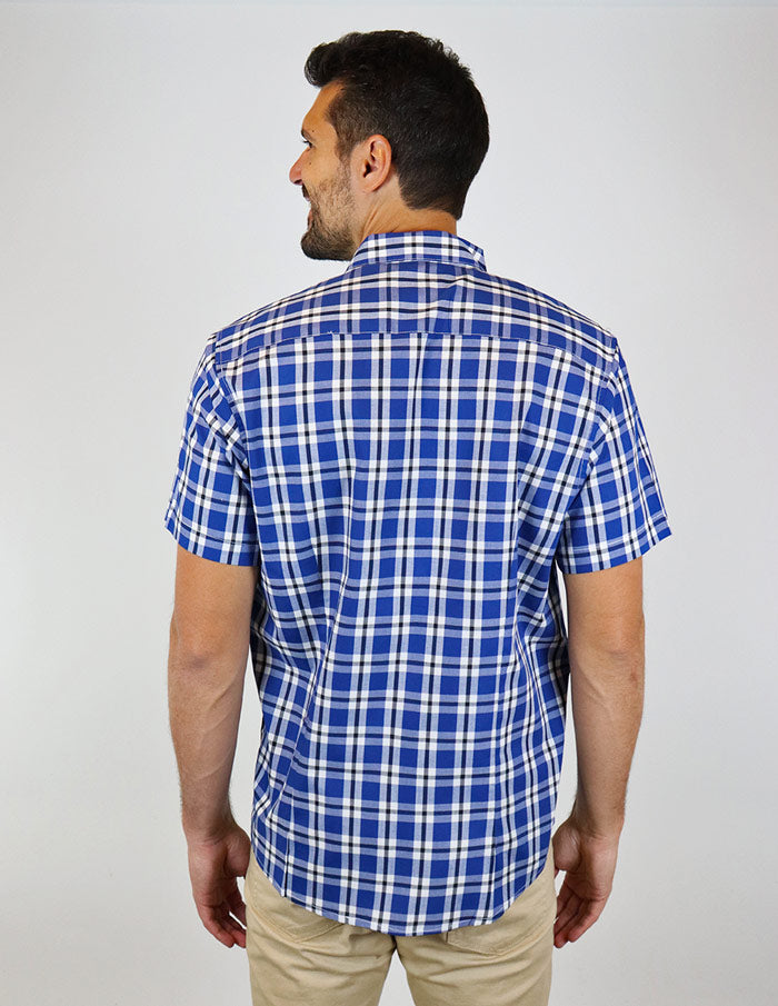 CAMISA MANGA CORTA AZUL CUADROS 100% ALGODON TALLA REGULAR REF 2301024