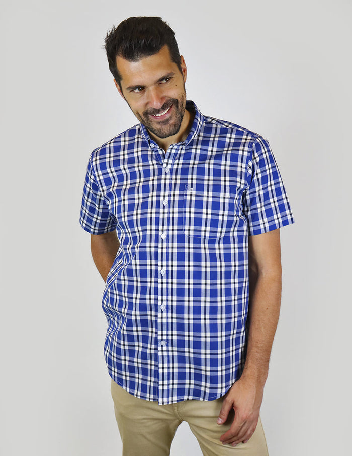 CAMISA MANGA CORTA AZUL CUADROS 100% ALGODON TALLA REGULAR