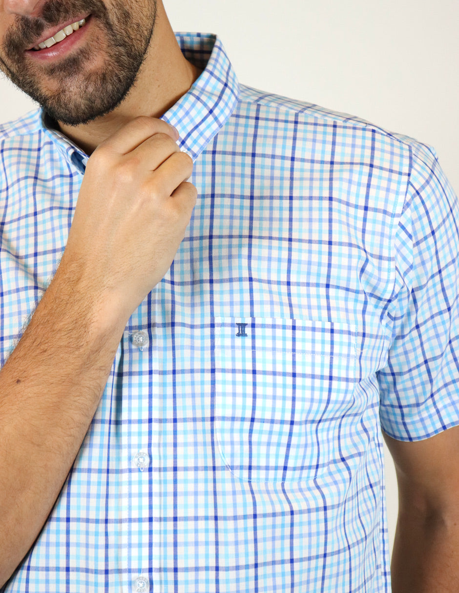 CAMISA MANGA CORTA AZUL CUADROS 100% ALGODÓN  REF 2301026 E