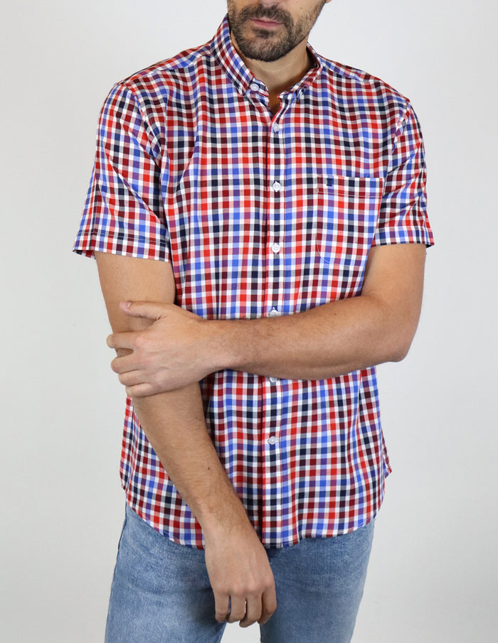 Camisa Manga Corta Roja de Cuadros | Marca Dioro | 100% Algodón en Tallas Extras