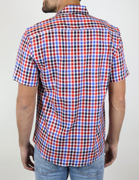 Camisa Manga Corta Roja de Cuadros | Marca Dioro | 100% Algodón en Tallas Extras