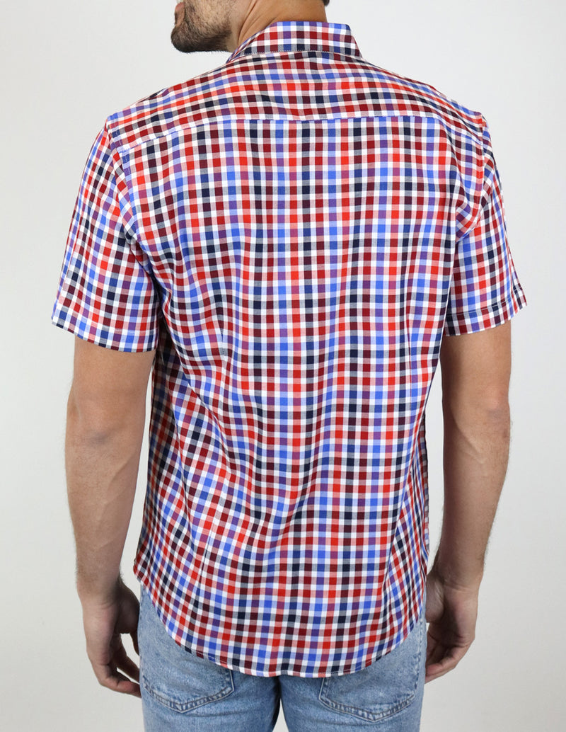 Camisa Manga Corta Roja de Cuadros | Marca Dioro | 100% Algodón en Tallas Extras