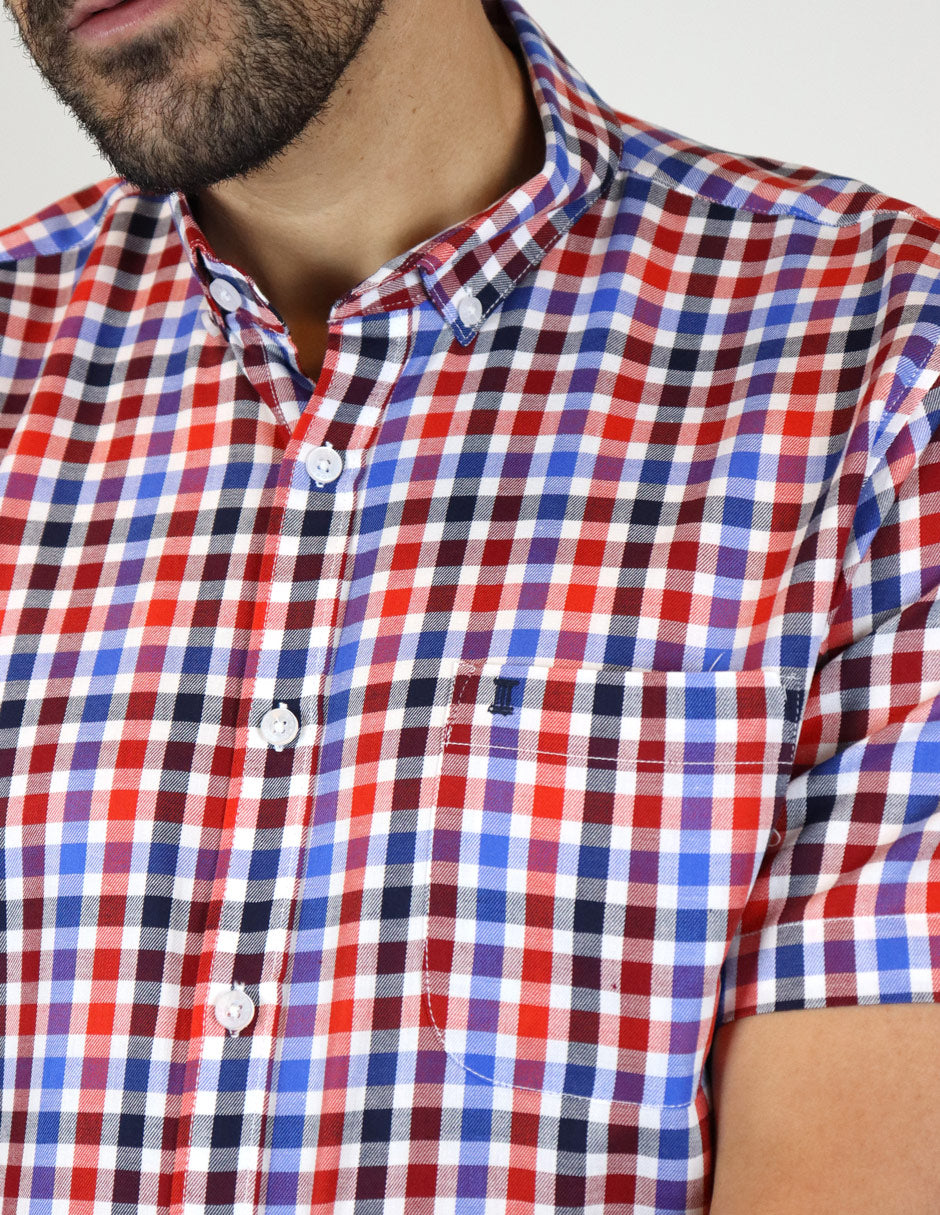 Camisa Manga Corta Roja de Cuadros | Marca Dioro | 100% Algodón en Tallas Extras