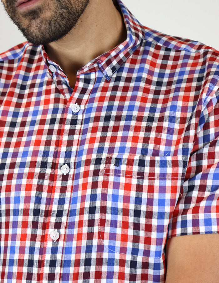 Camisa Manga Corta Roja de Cuadros | Marca Dioro | 100% Algodón en Tallas Extras