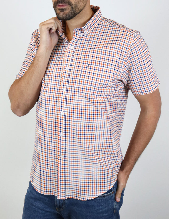 Camisa Manga Corta Naranja de Cuadros | Marca Dioro | 100% Algodón para Hombre en Tallas Extras