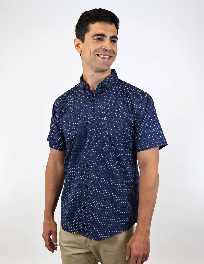 CAMISA MANGA CORTA AZUL ESTAMPADO 100% ALGODÓN  REF 2303072