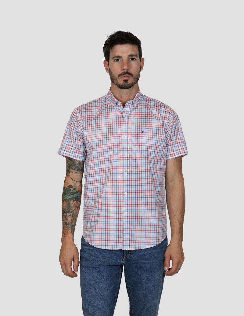 CAMISA MANGA CORTA NARANJA CUADROS 100% ALGODÓN  REF 2304103