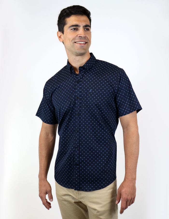 CAMISA MANGA CORTA AZUL ESTAMPADA 100% ALGODÓN