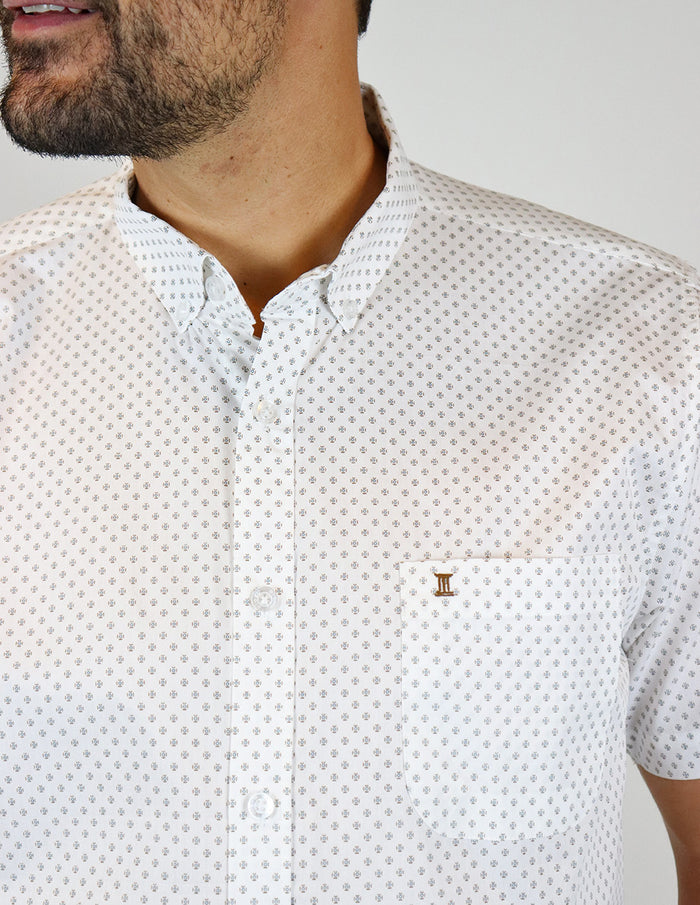 CAMISA MANGA CORTA BLANCA ESTAMPADA 100% ALGODÓN  REF 2313015